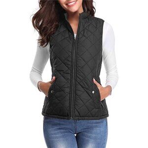Women's Quilted Vest, Stand Collar Lightweight Zip Padded Gilet, Black